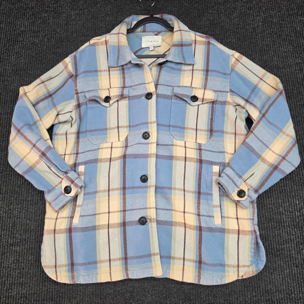 Lucky Brand Blue Yellow Plaid Cotton ButtonUp Shirt Jacket Shacket Womens Medium
